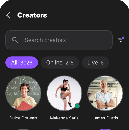Interface displaying a search bar and a list of creators with profile pictures and names.