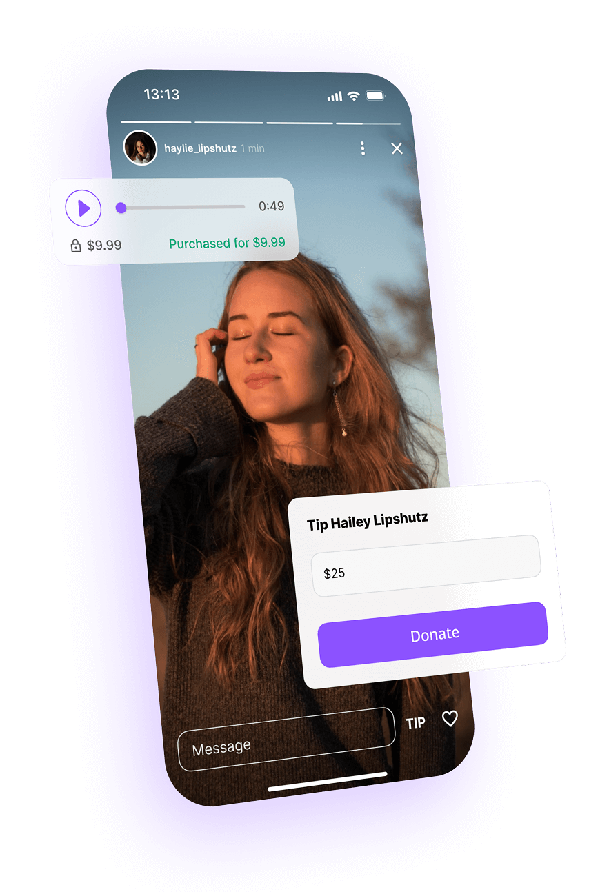 Interface displaying paid audio message, stories viewer and tipping popup.