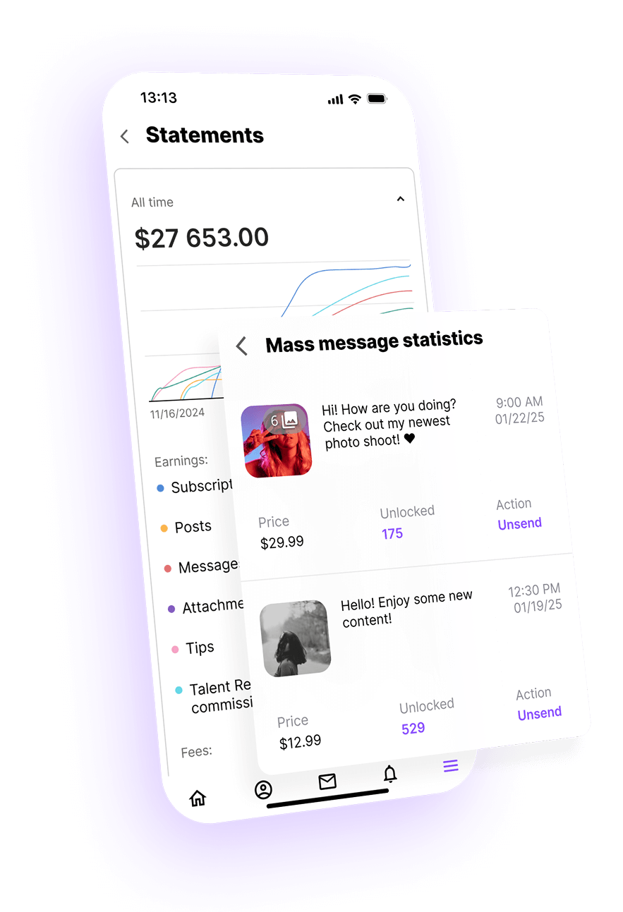 Statements interface displaying total earnings with a line chart and a breakdown of income sources, alongside mass message statistics.
